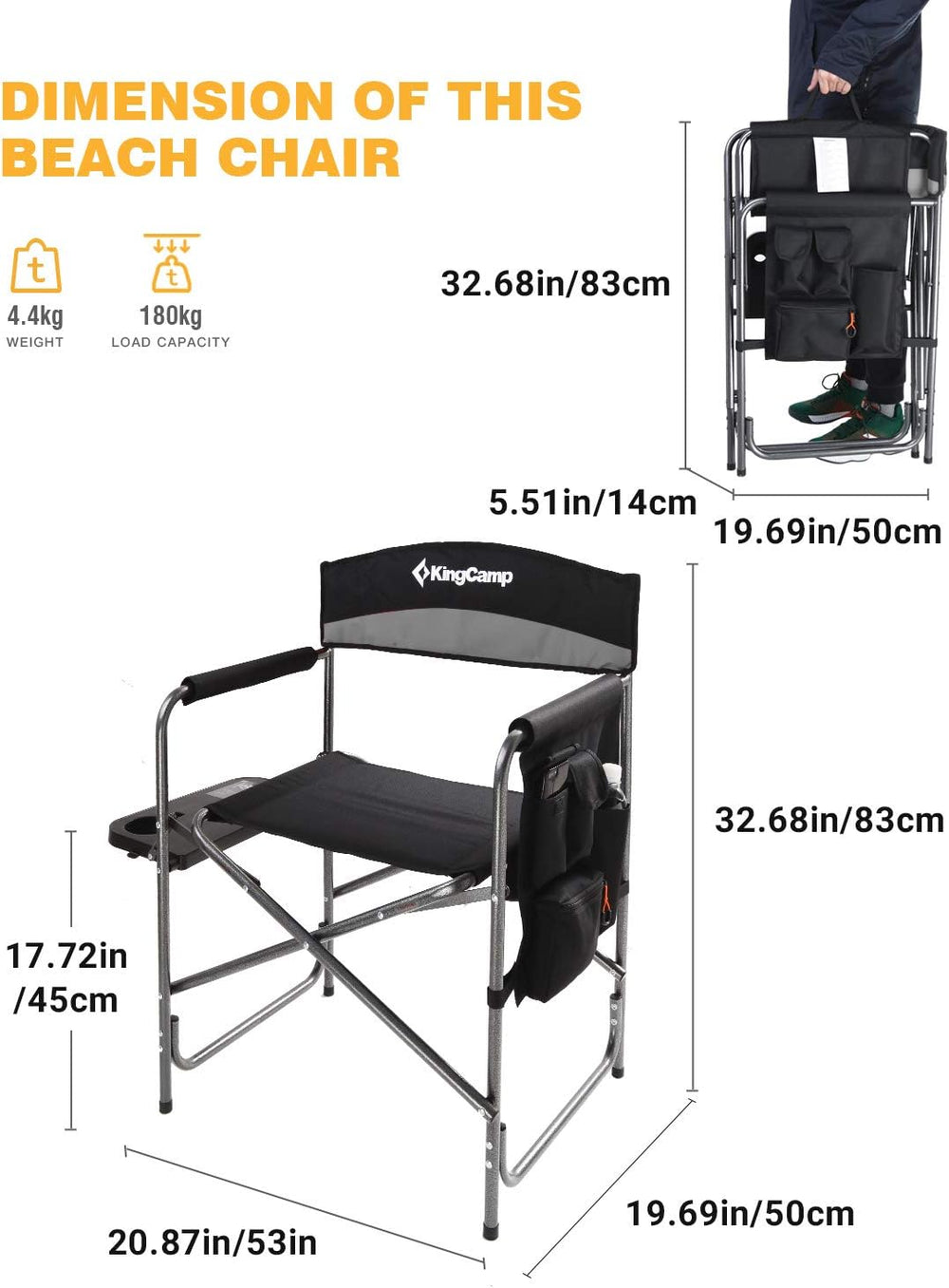 KingCamp Folding Camping Chair, Heavy Duty Portable Directors Style with Side...