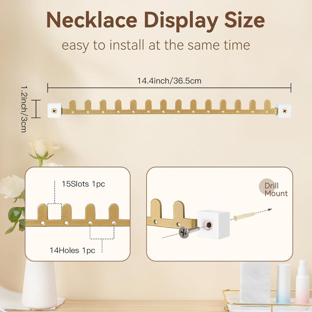Wall Necklace Holder Hanging Jewelry Organizer 2 Pack Metal Necklace Organizer, Space-saving Jewelry Display for Necklaces & Earrings，Gold，Screws Included