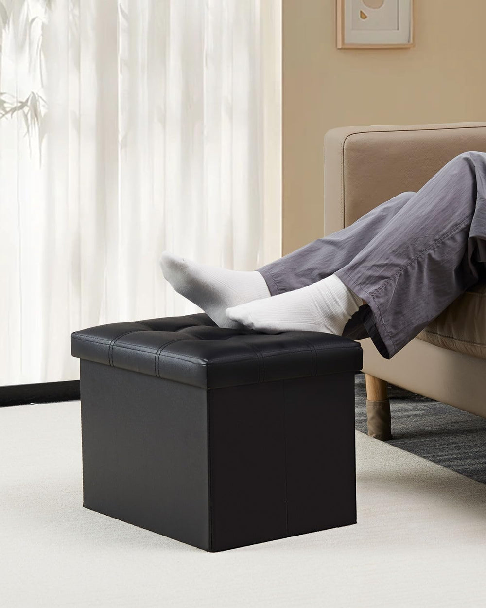 Bsketa Storage Ottoman Bench, 17" Folding Leather Foot Rest,Black 2 Pack...