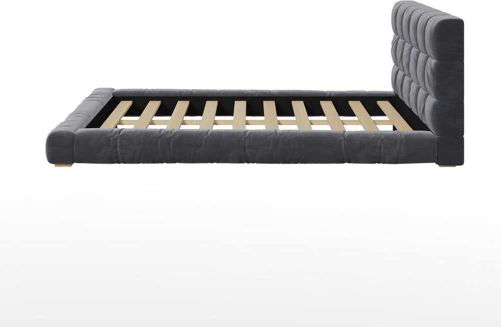 Queen Upholstered Velvet Platform Bed Frame with Tufted Headboard，Gray#03