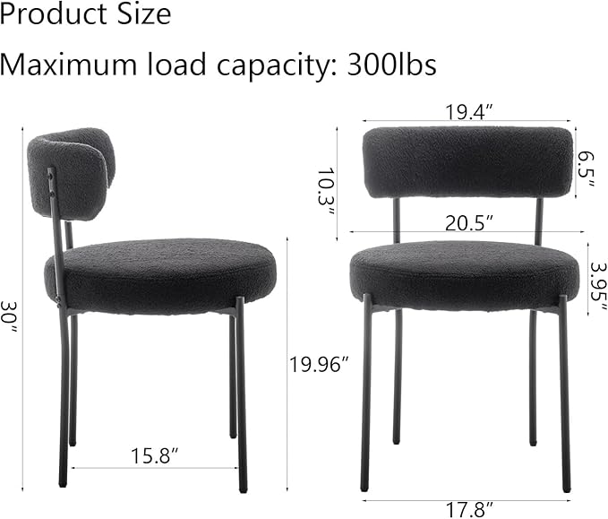 Black Boucle Dining Chairs Set of 2, Upholstered Dining Room Chairs with Blac...
