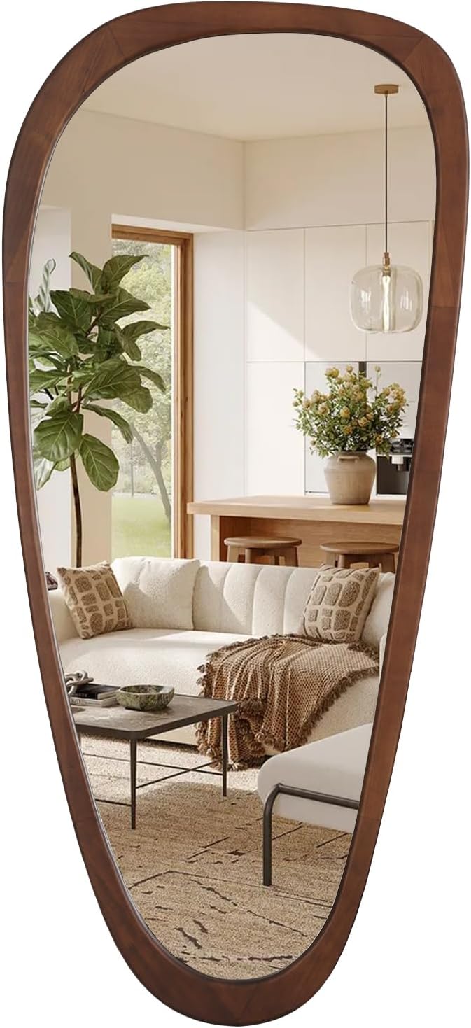 HOMECOOKIN 48 x 22 Asymmetrical Mirror, Irregular Wooden Wall Mirror for Bedr...