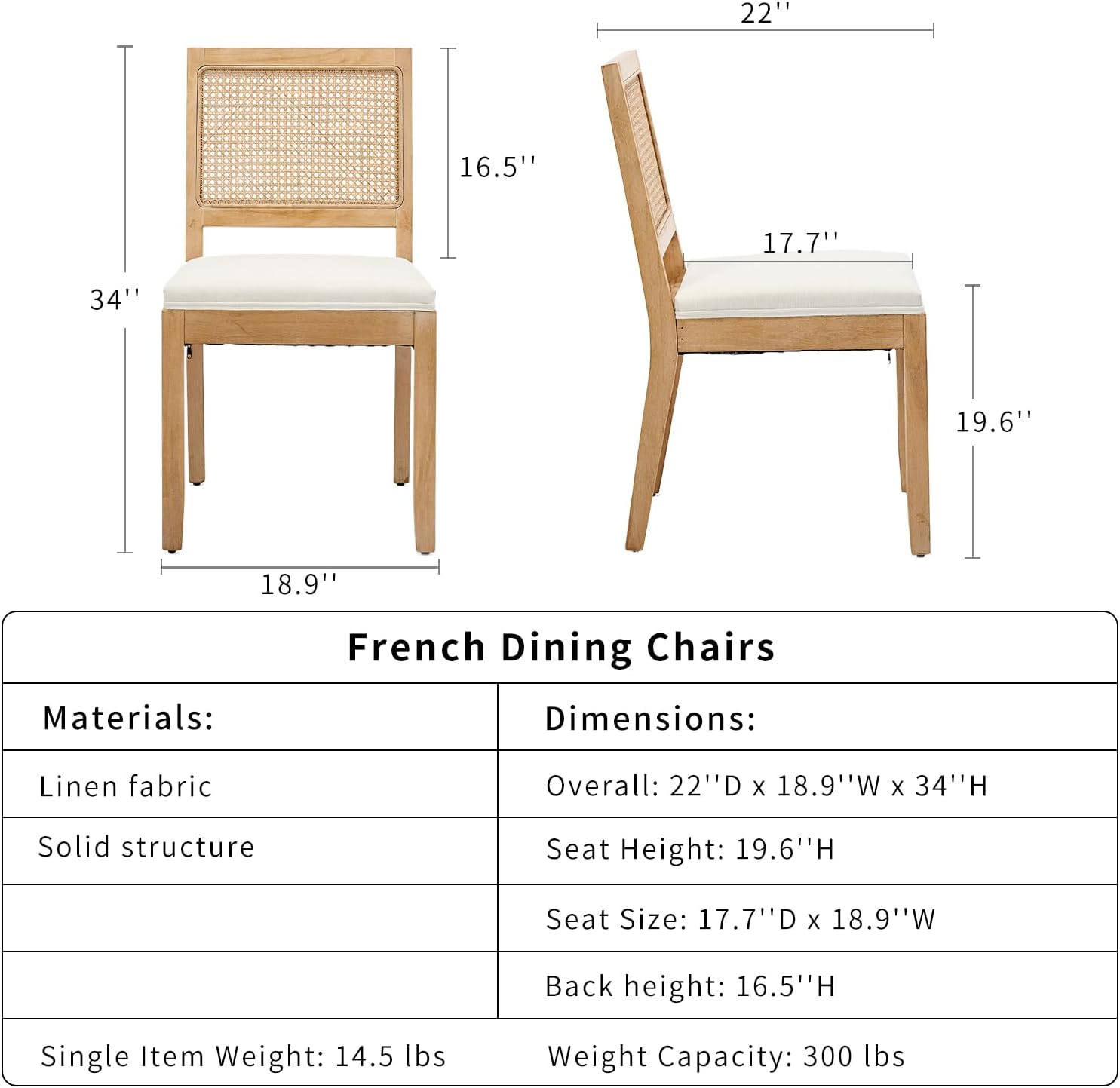 French Country Dining Chairs Set of 6, Beige Modern Kitchen & Dining Room Chairs, Rattan Dining Chair with Linen Upholstered Cushion, Low Cane Back, Wood Legs, Sillas de Comedor (Beige, 6 Pcs)