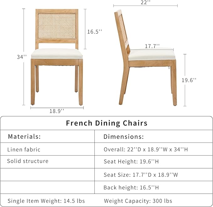 French Country Dining Chairs Set of 6, Cream Kitchen & Dining Room Chairs Set of 6, Ivory Rattan Dining Chairs, Cane Low Back, Wood Legs, Sillas De Comedor (Rattan, Beige, 6Pcs)