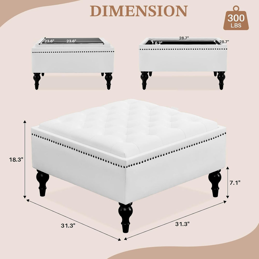 Square Ottoman Coffee Table, Large Leather Ottoman with Storage | Oversized F...
