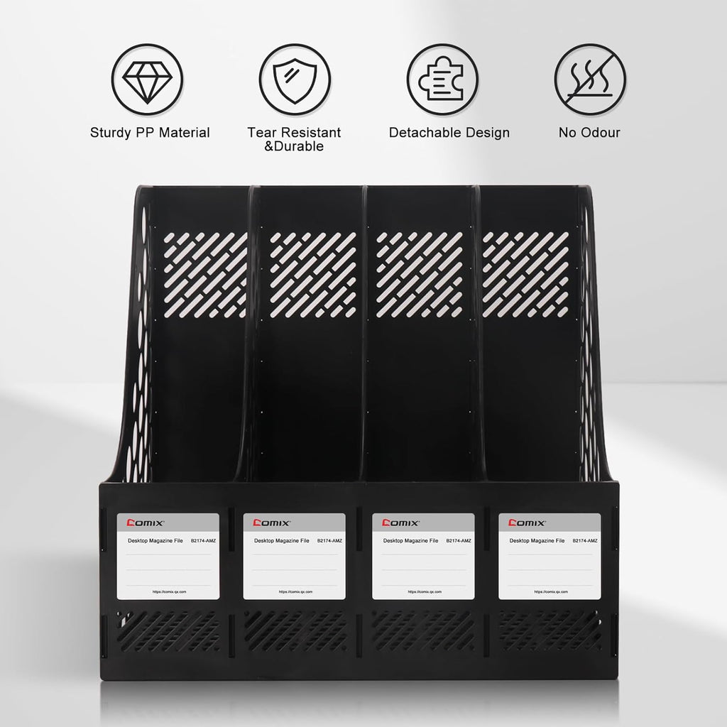 Comix Magazine File Holder Rack/Vertical Desktop File Organizer - Plastic Desk Organizer for Files, Folders, Books - 4 Compartment Binder Organizer - Black