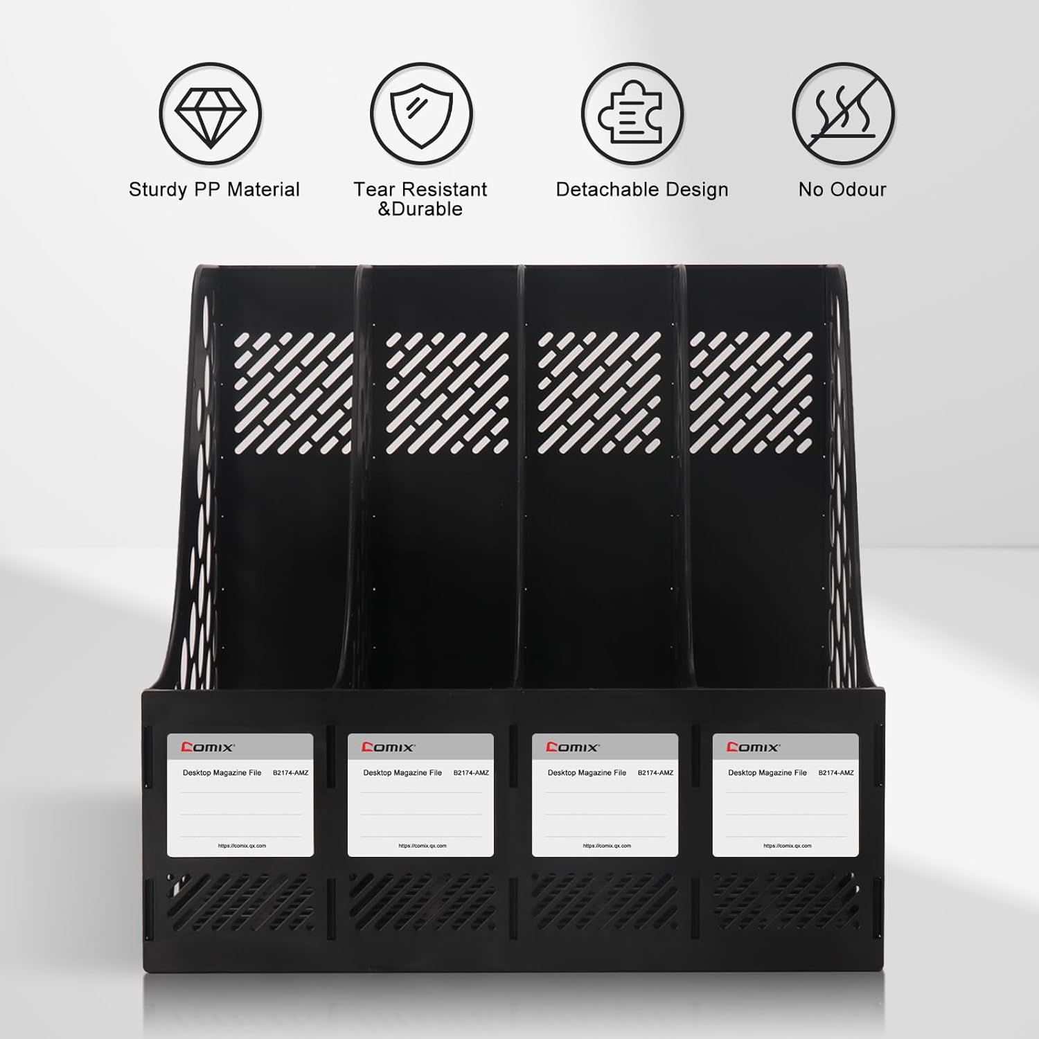 Comix Magazine File Holder Rack/Vertical Desktop File Organizer - Plastic Desk Organizer for Files, Folders, Books - 4 Compartment Binder Organizer - Black
