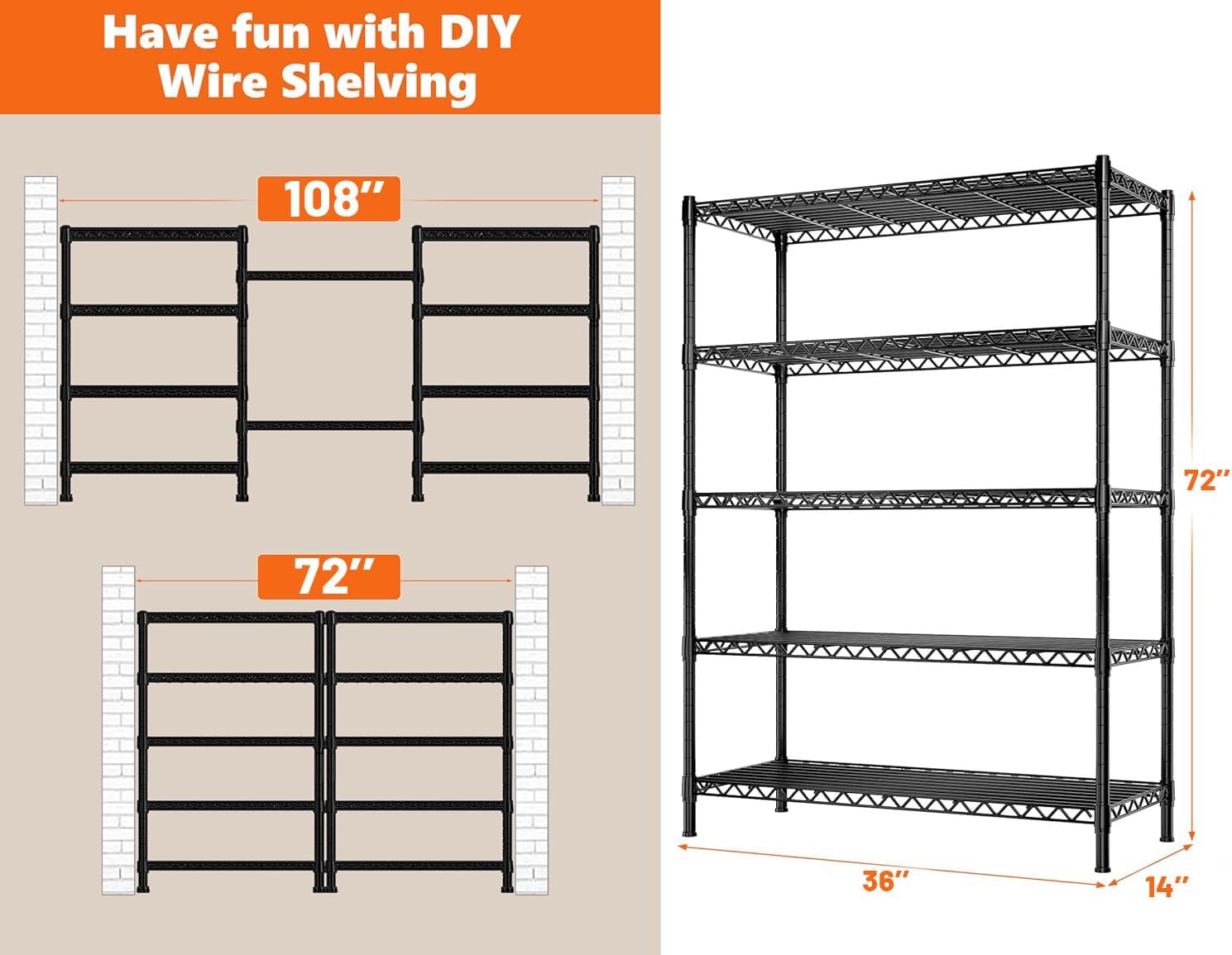 REIBII 5 Shelf Metal Shelving 72''H Storage Shelves Steel Wire Shelving for Storage Adjustable Garage Shelving Heavy Duty Shelves Storage Rack Pantry Shelves Kitchen Office Shelf,72''H X36''W X14''D
