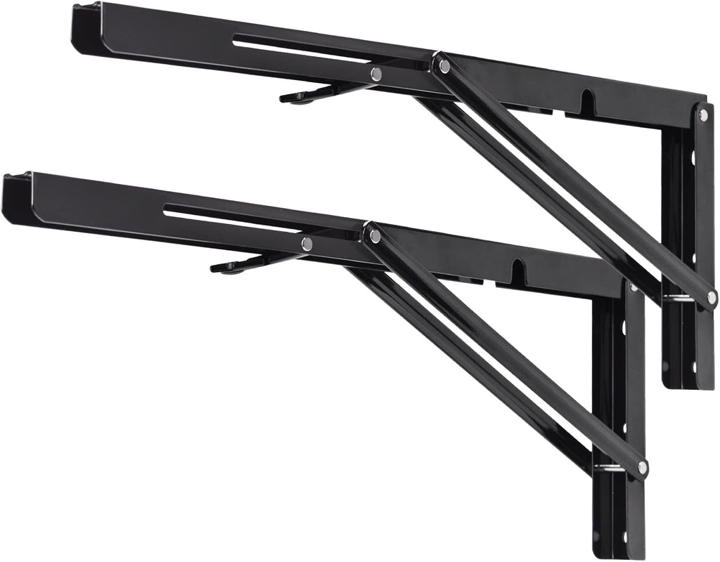 YUMORE Folding Shelf Brackets, 18 Inch Heavy Duty Collapsible Shelf Bracket, Black DIY L Bracket for Workbench Folding Table Hinge, Max Load: 330lb, 2 Pack