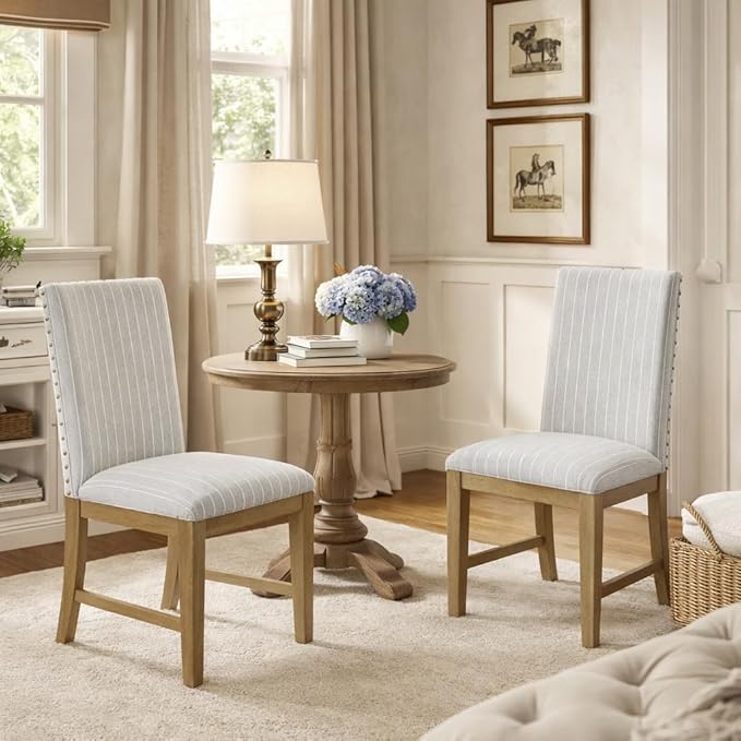 HomePop Upholstered Wood Apron Dining Chair - Light Gray Stripe (Set of 2)