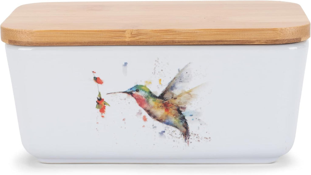 Nat & Jules Dean Crouser Ceramic Stoneware 1/2 Pound 2 Sticks Butter Dish Airtight Bamboo Lid Kitchen Accessory, Container Holder, Refrigerator Storage, Countertop Organization, Watercolor Hummingbird