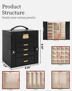 TORIBIO Jewelry Box for Women, Leather Jewelry Organizer with Mirror & Lock, 5-Tier Jewelry Storage Organizer with 4 Drawers for Girls/Women/Mothers, Necklace Earring Bracelets Holder Organizer