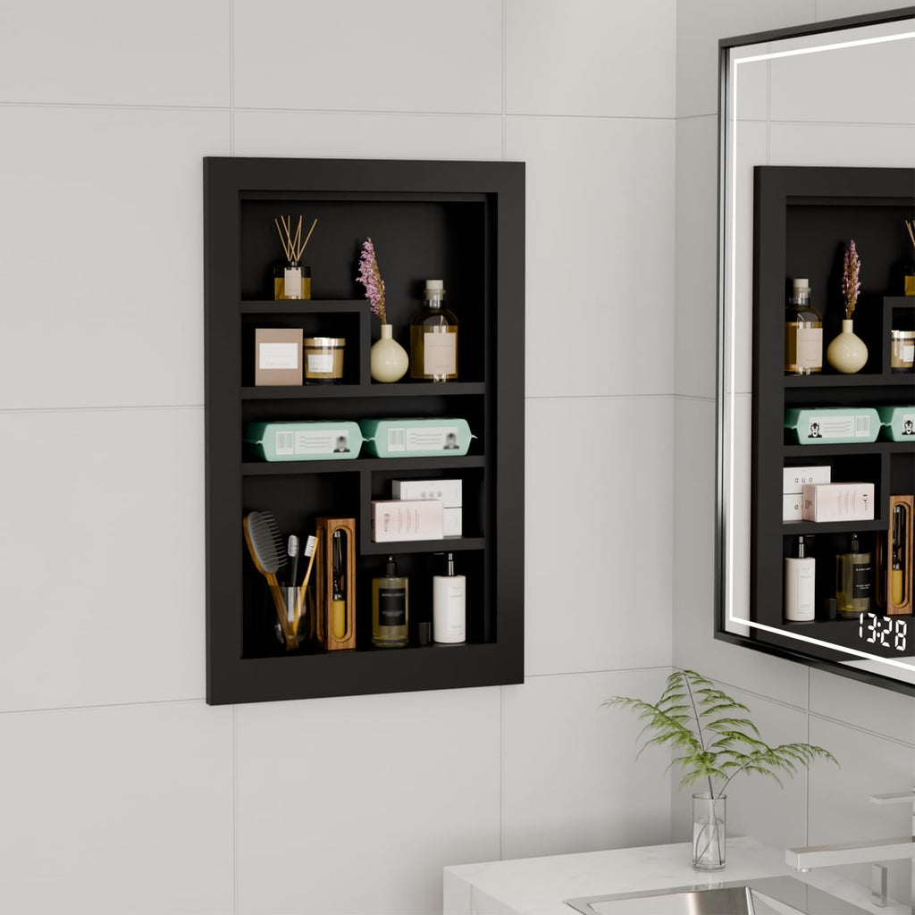 Solid Wood 14 X 24 Recessed Medicine Cabinet,3-Tier, Medicine Cabinet Organizer,Wall Niche, Bathroom Wall Cabinet, Recessed Bathroom Cabinet, Bathroom Cabinet with Storage Black