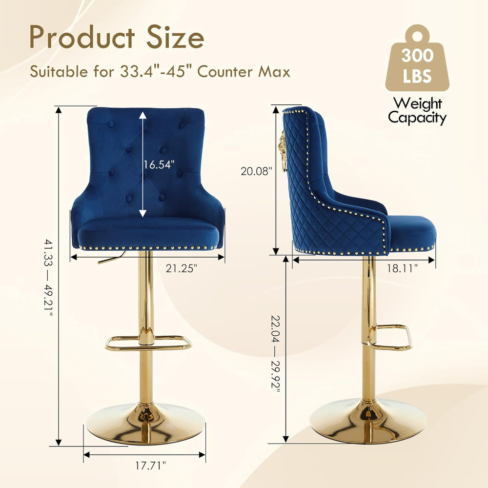 Gold Barstools Set of 4,Velvet Swivel Bar Height Stools with Lion Pull Ring,U...
