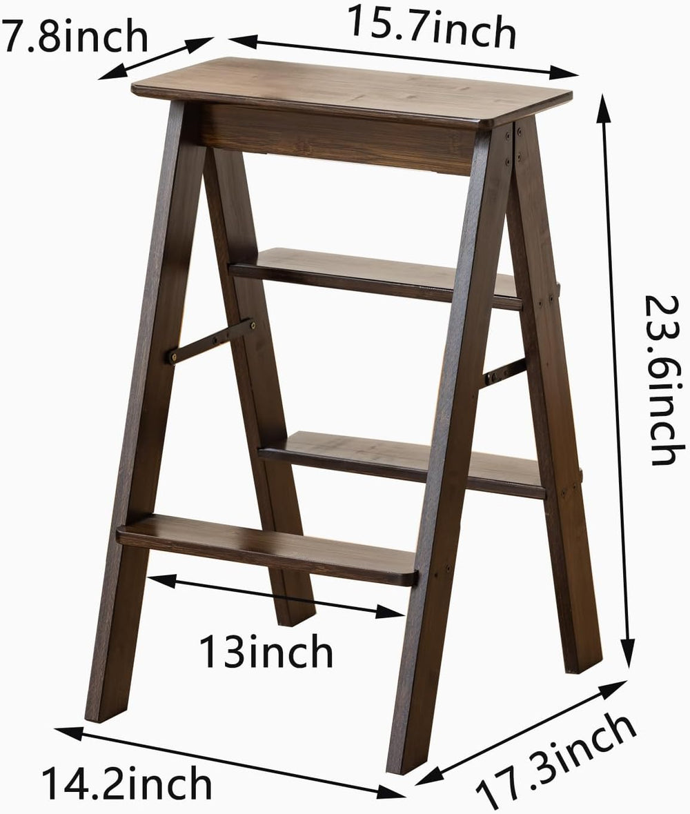 Latifolia Foldable 3 Step Ladder, Bamboo Step Stool with Floor Saver, Decorat...
