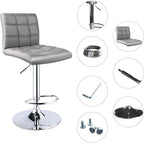 Leopard Modern Square Back PU Leather Adjustable Bar Stools with Back, Set of 2, Counter Height Swivel Stool (Light Grey)
