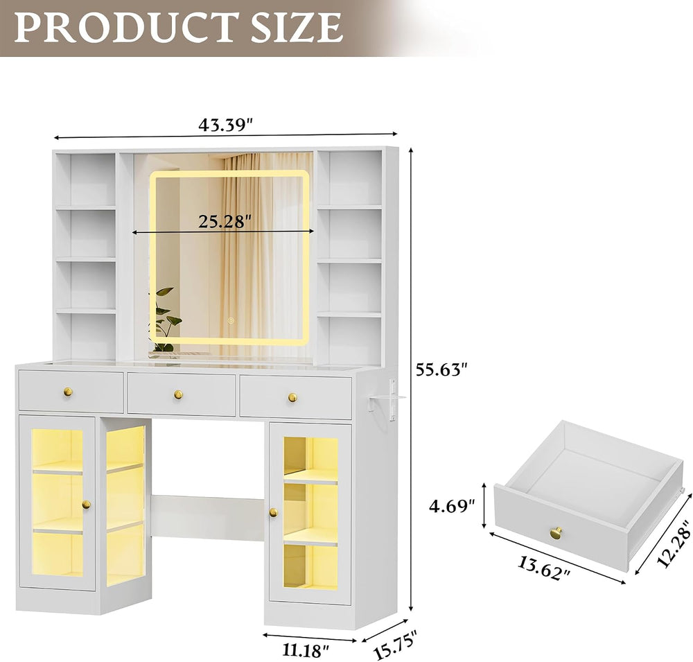 Xixini 43.4" Makeup Vanity Desk with LED Mirror, RGB Glass Cabinets, White