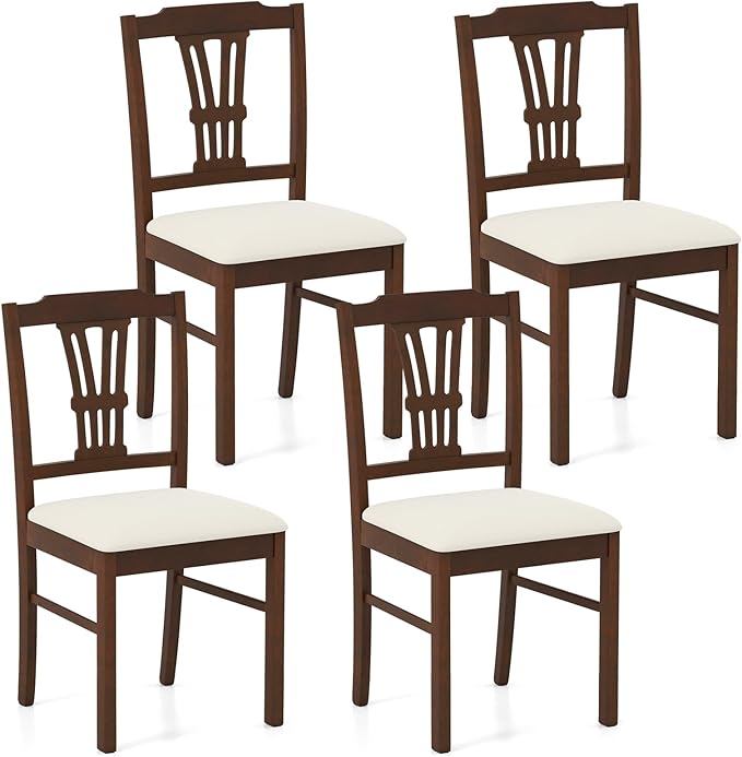 Giantex Wooden Dining Chairs Set of 4, Upholstered Kitchen Chairs with Solid Rubber Wood Frame, Hollowed Backrest & Soft Padded Seat, Armless Dining Chairs for Kitchen, Dining Room, Brown & Beige