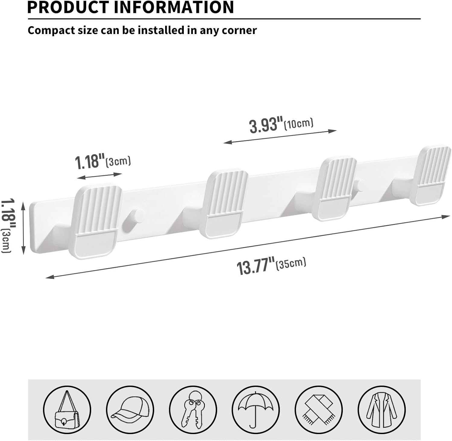 Coat Rack Wall Mount Coat Hooks - White Hook Rack with 4 Hooks Aluminum Wall Rack Hooks for Hanging Coat Hat Bag Towel Hanger Rustproof Coat Holder