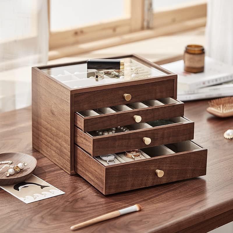 CHOSIN Black Walnut Jewelry Box for Women, 4-Layer Wooden Organizer with Glass Lid, for Watches, Necklaces, Rings & Earrings Storage Christmas Gifts