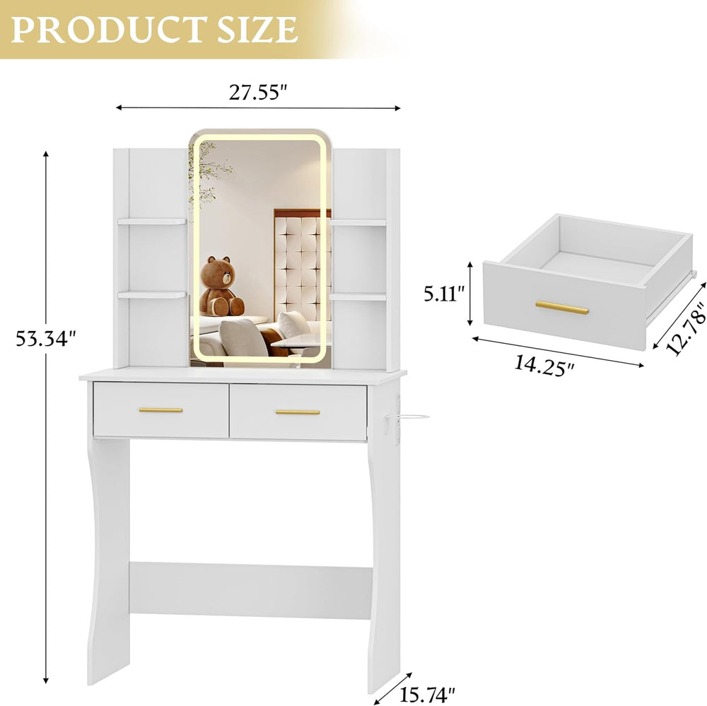 Xixini Vanity Desk with LED Lights Mirror & Power Outlet, Small Makeup Va...
