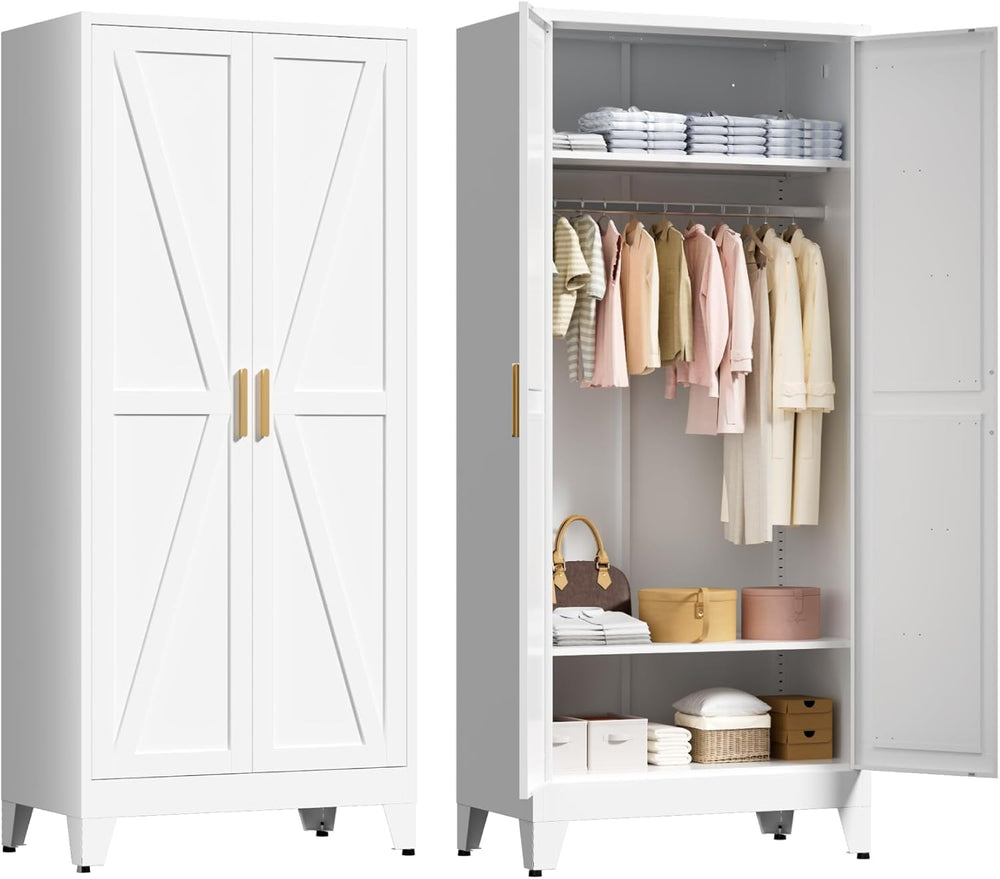LCAOPC 71" Tall Metal Wardrobe Closet with Adjustable Shelves and Hangin...