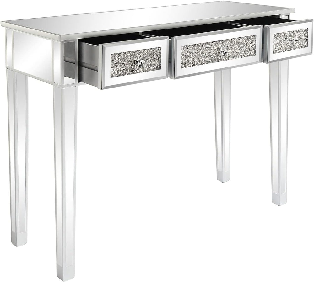 VINGLI Silver Mirrored Vanity Desk, Makeup Vanity Desk, Glass Desk with 3 Dra...