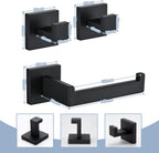 3PCS Bathroom Hardware Set, Matte Black Toilet Paper Holder, 2 Square Towel Robe Hooks, SUS 304 Stainless Steel, Wall Mounted, Modern, Rust‑Resistant (Black)