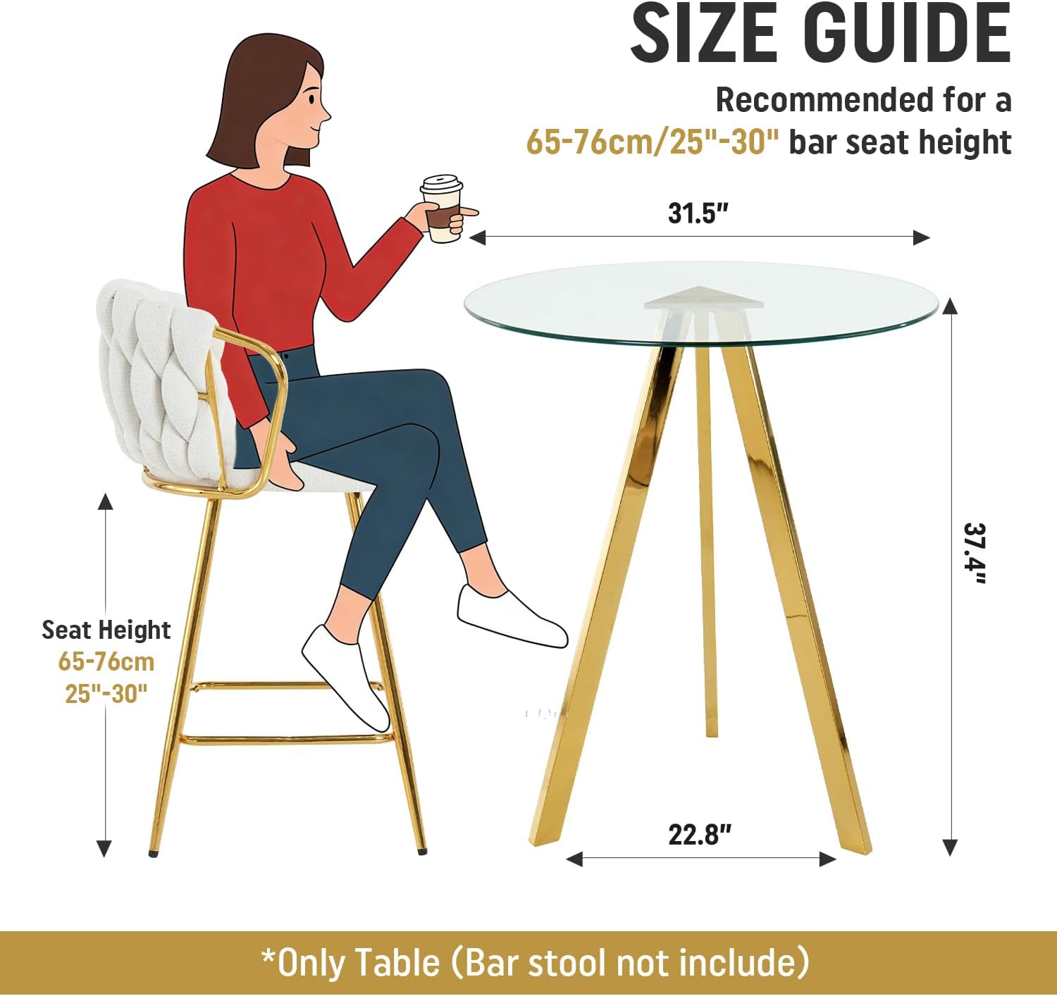 Round Bar Table, 37.4" High Pub Table, 31" Small Cocktail Table with Metal Base & Glass Top, for Small Spaces, Bistro Pub, Cafe(Gold)