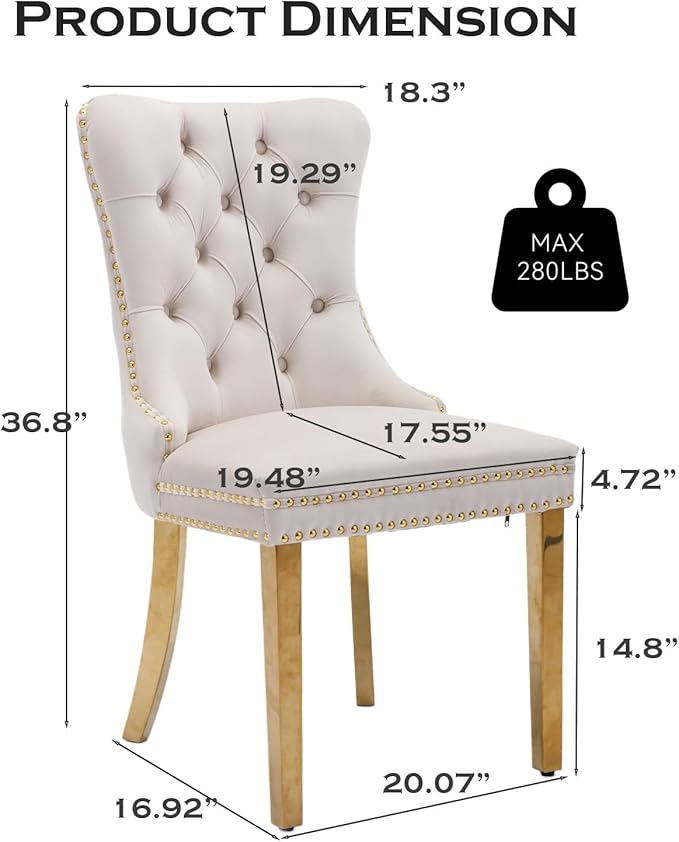 Velvet Upholstered Dining Chairs Set of 4, Modern Style Kitchen Side Chairs with Nailhead Trim and Gold Plated Leg, Metal Pulling Ring for Dining Room Living Room(Beige-Gold Plated Leg)