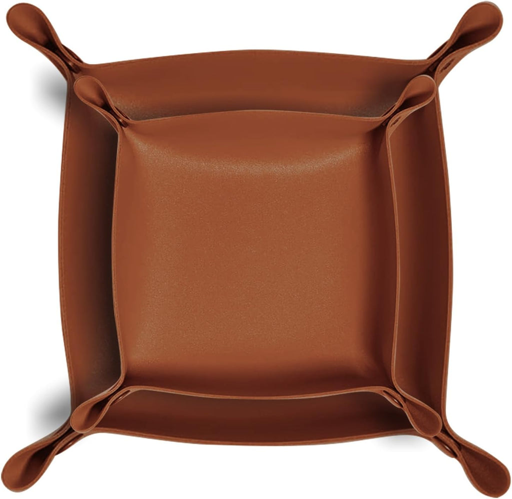 2 Pack (Size:9.84"&7.87") PU Leather Jewelry Valet Tray,Portable Entryway Table Nightstand Desk Tray Catchall Travel Plate Organizer for Phone, Keys, Wallet, Watch,Coin (Brown)