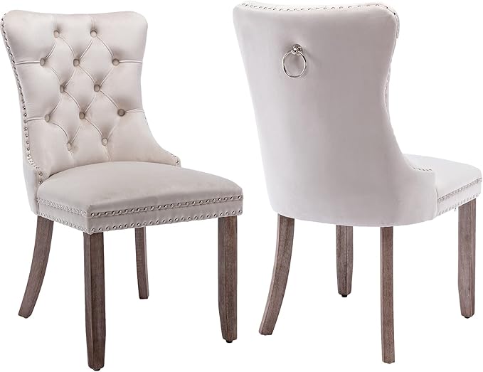 Modern Dining Chairs Set of 2, Tufted Upholstered Dining Chair with Solid Wood Legs, Beige Velvet Accent Chair, Sillas de Comedor, Comfy Kitchen Chairs (Beige, Velvet, 2Pcs)