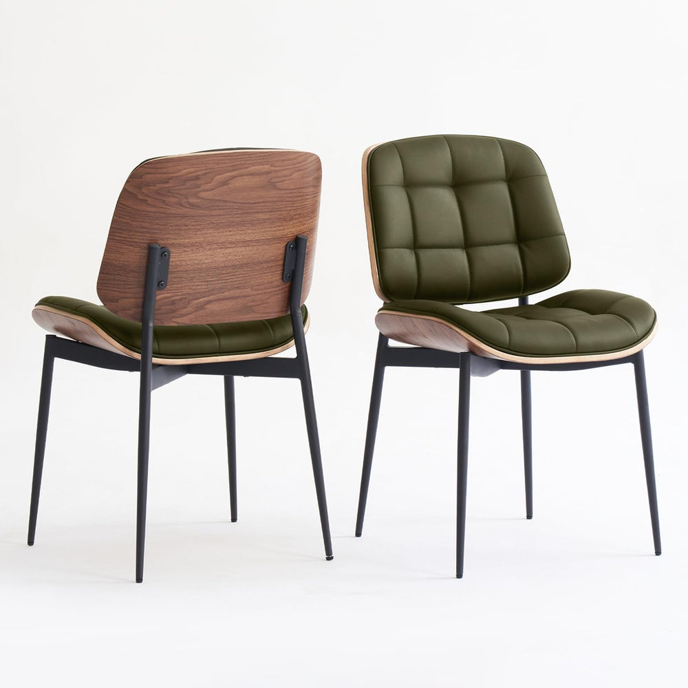 GrandNoor Mid Century Modern Dining Chairs with Walnut Grain Back, Green Faux...