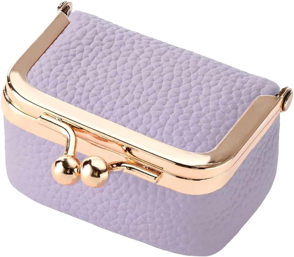 Genuine Leather Mini Jewelry Box for Women, Square Coin Purse with Kiss Lock, Jewelry Organizer Travel Case (Small, Lavender)