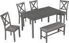 Merax 6-Piece Kitchen Dining Table Set Wooden Rectangular Dining Table, 4 Dining Chair and Bench Family Furniture for 6 People, Grey
