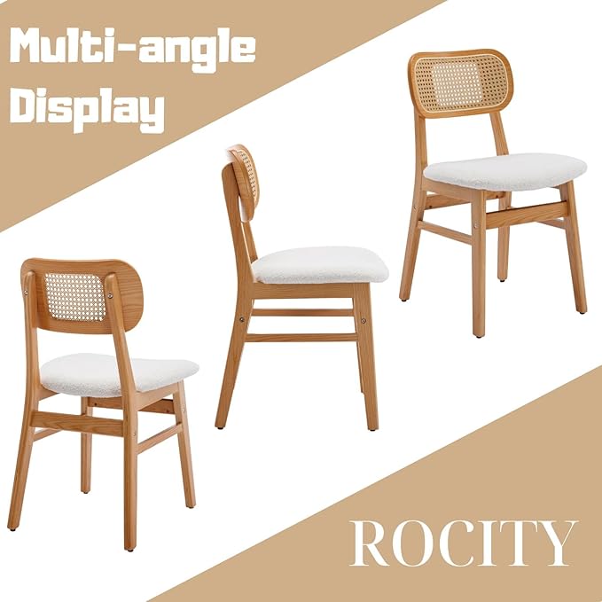 Rattan Dining Chairs Set of 4 White Lambswool Dining Room Chairs Natural Wooden Kitchen Chairs Farmhouse