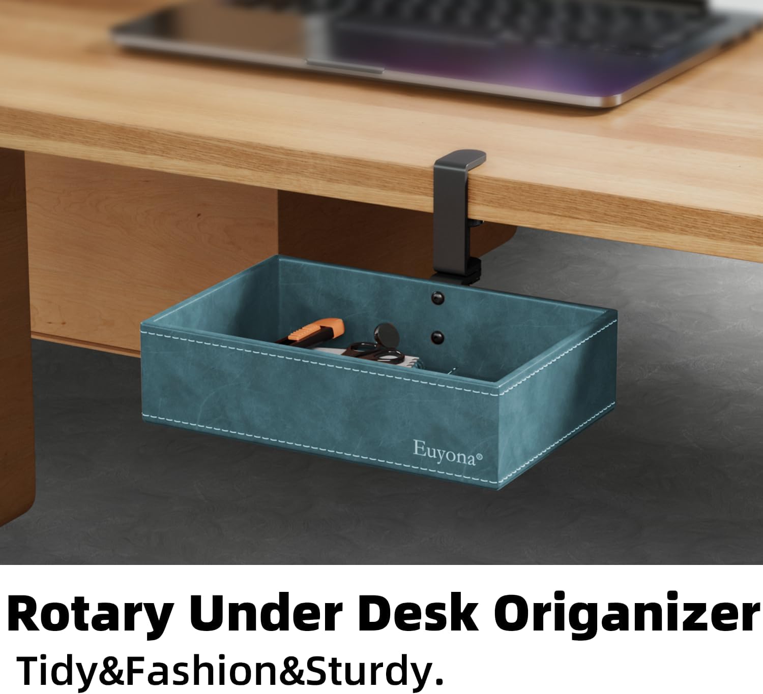 Mesh Hidden Desk Organizer with Swivel Pencil Drawer - Heavy-Duty C-Clamp Mount for Office Supplies, Art Tools & Home Storage, Easy Install Desktop Accessories (Sky Blue)