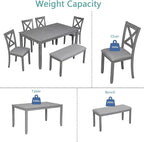 KEIKI 6-Piece Standard Height Dining Table Set with Rectangular Table, 4 Upholstered X-Shaped Backrset Chair, Bench, for 6 Person, Modern Style Table Set, Easy Assembly, for Kitchen, Dining Room, Gray