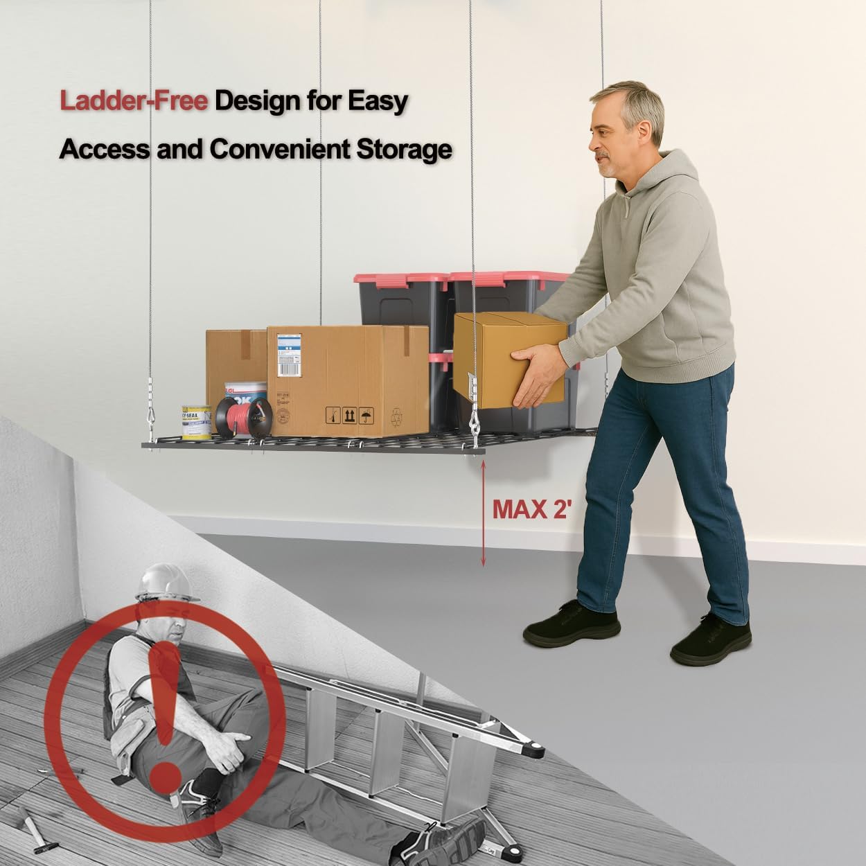 Overhead Garage Storage Rack for 12–14 FT Ceiling, Heavy-duty 4x4 FT Ceiling Storage Racks with Safety Lock, Ideal for Garage Storage Mounted Lift System and Storage Organizer, 250lbs Capacity