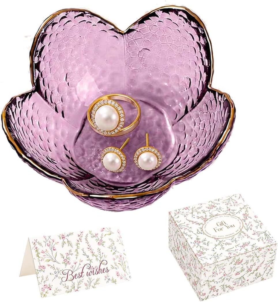Gifts for Women Purple Flower Jewelry Ring Dish Tray,Decorative Glass Trinket Dish,Room Decor Aesthetic, Modern Accent Tray for Vanity (Purple A)