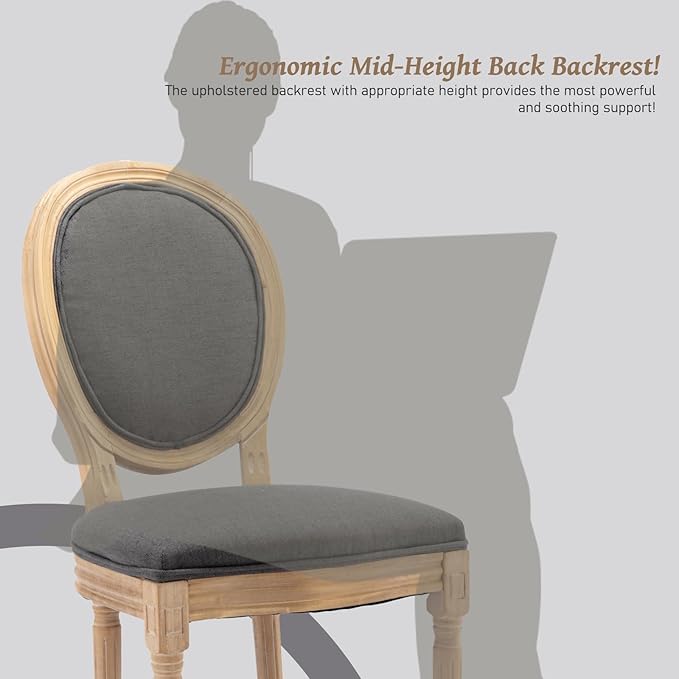 French Country Dining Chairs Set of 6,Farmhouse Upholstered Dining Room Chairs with Round Back and Solid Leg,Fabric Kitchen Side Chairs for Kitchen/Bedroom/Dining Room,Gray