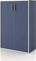 Homes: Inside + Out Apexa 3-Tier Stackable Wood Bookcase with Doors, Cube Storage Organizer Shelves, Small Food Pantry Cabinet, Dorm Teen Room Decor & Bedroom, Home Office, Kitchen, Steel Blue