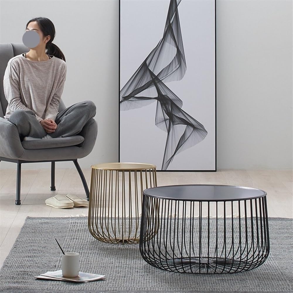 Round Side Table with Storage Shelf, Industrial Accent Furniture with Steel F...