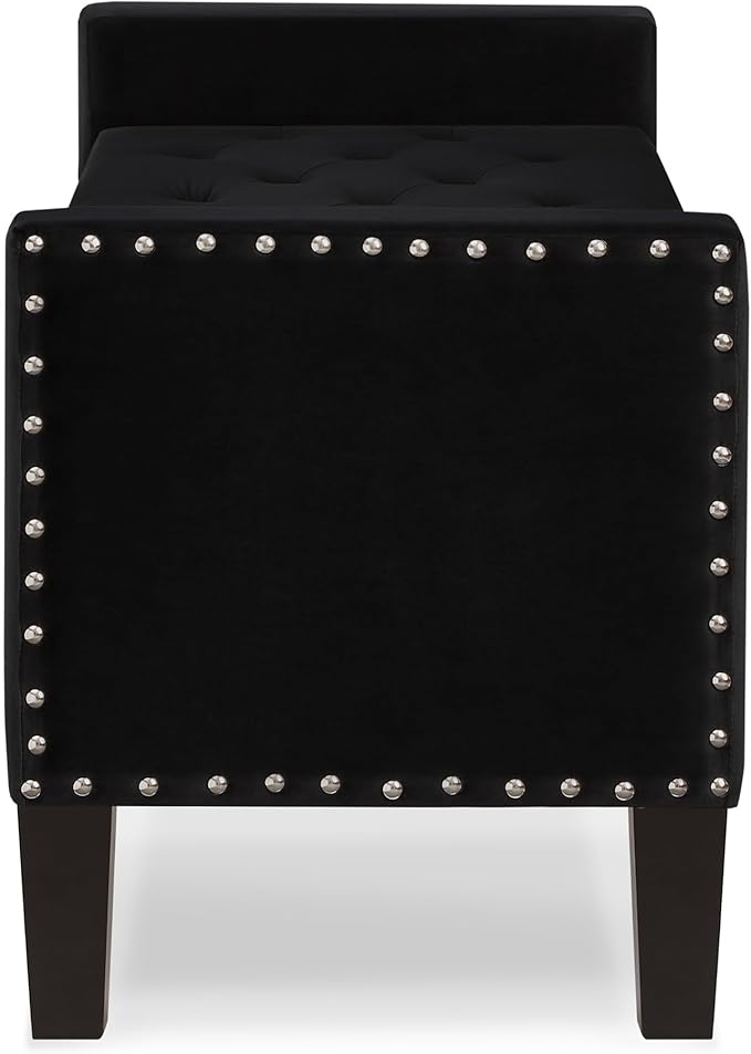 Upholstered Velvet Storage Ottoman Bench with Nail Trims,Soft Padded Seat with Armrest,for Living Room,Bedroom,Entryway,Easy to Assemble,Black