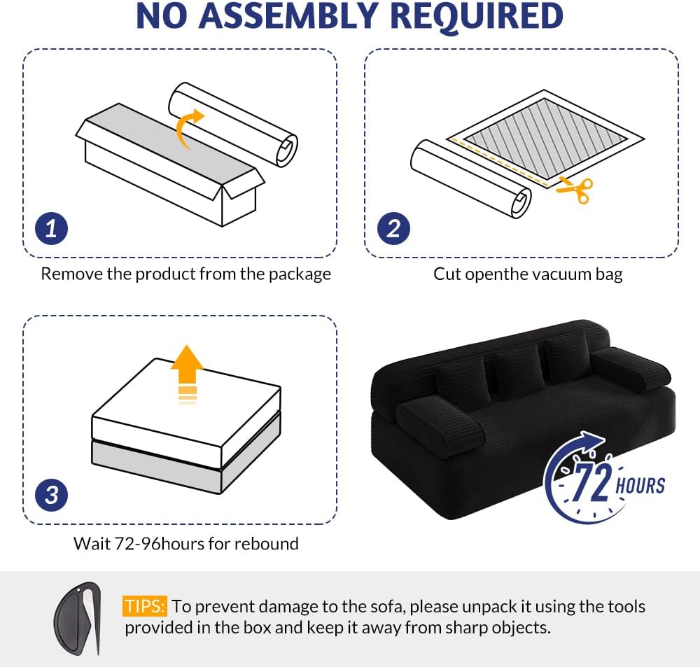 78.7'' Couches Queen, Corduroy Futon Sofa Bed, Modern Floor Couch, Cl...