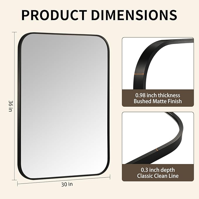 Black Bathroom Mirror, 30x36 Inch Aluminum Frame Rectangle Mirror, Anti-Rust, Tempered Glass, Wall Mirror for Over Sink, Vanity, Bedroom, Entryway, Horizontal/Vertical
