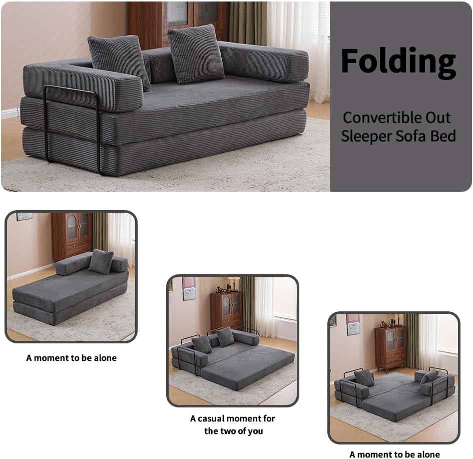 ZEIINPA Convertible Floor Sofa Bed with Fixed-Shape Frame, Modular Corduroy Folding Mattress Couch with Armrest, Floor Sofa Lounge Couch for Living Room Bedroom Lounge Studio,Dark Gray