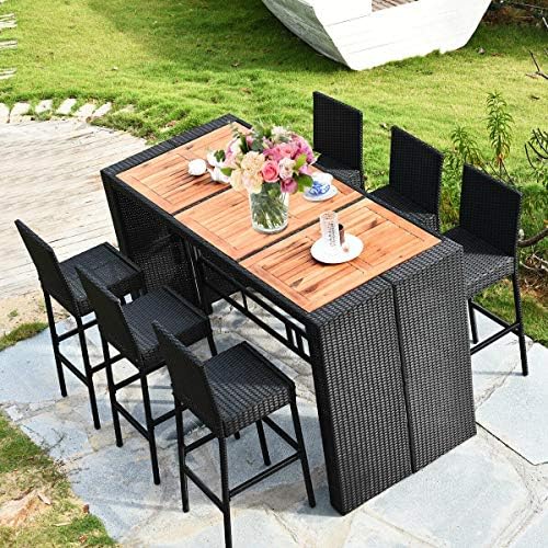 Tangkula 7 PCS Outdoor Wicker Furniture with Acacia Wood Bar Table Top and Re...