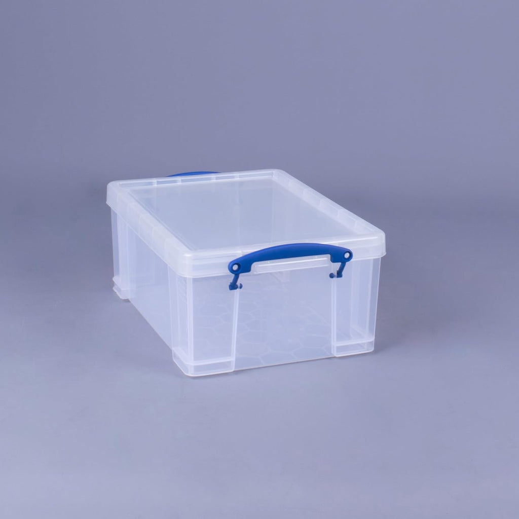 Really Useful Box Stackable 9 Liter Plastic Storage Container Bin with Snap Lid and Built-In Clip Lock Handles for Home & Office Organization (4 Pack)