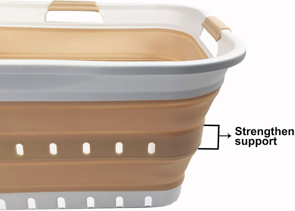 SAMMART 42L (11 gallon) Collapsible Plastic Laundry Basket - Foldable Pop Up Storage Container/Organizer - Portable Washing Tub - Space Saving Hamper/Basket (White/Latte)